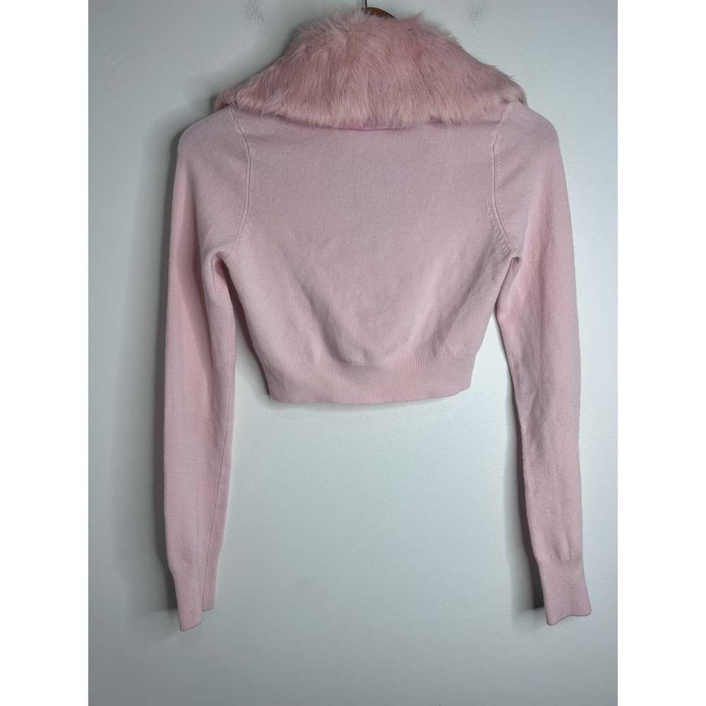 VTG Y2K Rampage Light Pink Faux Fur Collar Cropped Cardigan Small Paris Hilton - Picture 5 of 6